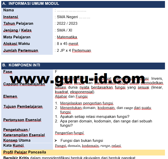 Modul ajar matematika kelas 11 Fase F Kurikulum merdeka Revisi Terbaru